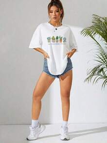 Gift 100% Cotton T-Shirt With Cactus And Succulent Print And The Phrase "All Things Grow With Love", Oversized Casual Short Sleeve T-Shirt For Women, Fresh And Positive Minimalist Streetwear Style, Ideal For Everyday Wear And Gift, Colors: White And Blue Available, Plus Size Available, Soft - 白色的 - 查看 5