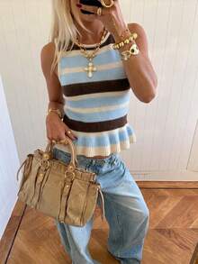 Áo tank top dệt kim không tay, viền bèo nhún, kẻ sọc, dáng suông, độ co giãn vừa phải, thích hợp cho nữ. Áo mùa hè, trang phục công sở. - màu nâu - Xem 6