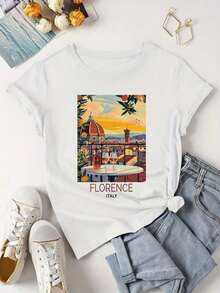 Dam T-shirt med korta ärmar - Italienskt tryck med stadsbilden av Florens, solnedgång, rött vin & citron-design, rund hals, avslappnad passform, andningsbart, medelstretch-tyg för vår, sommar och höst, maskintvättbar, mångsidig topp för vardagsbruk & resor, dam-T-shirts, semesterkläder, grafisk t-shirt med landskapsmotiv, icke-transparentt material, resekläder, vintage-stil, mjuk textur, tryckt skjorta, sommaroutfit för modeälskare. - Vitt - Visa 1
