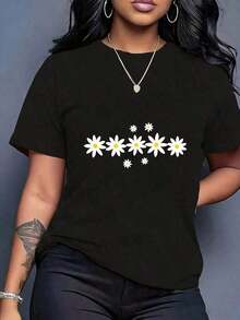 Camiseta de mujer moderna, informal, para fiestas y para estar en casa, 100% algodón, corte holgado. . De corte holgado. Camiseta de Moda para Mujer con Cuello Redondo y Estampado Floral de Crisantemo, Estilo Vintage Navideño, Unisex, Holgada, de Algodón, Manga Corta, Cuello Redondo, Blusas Informales - Negro - Ver 1
