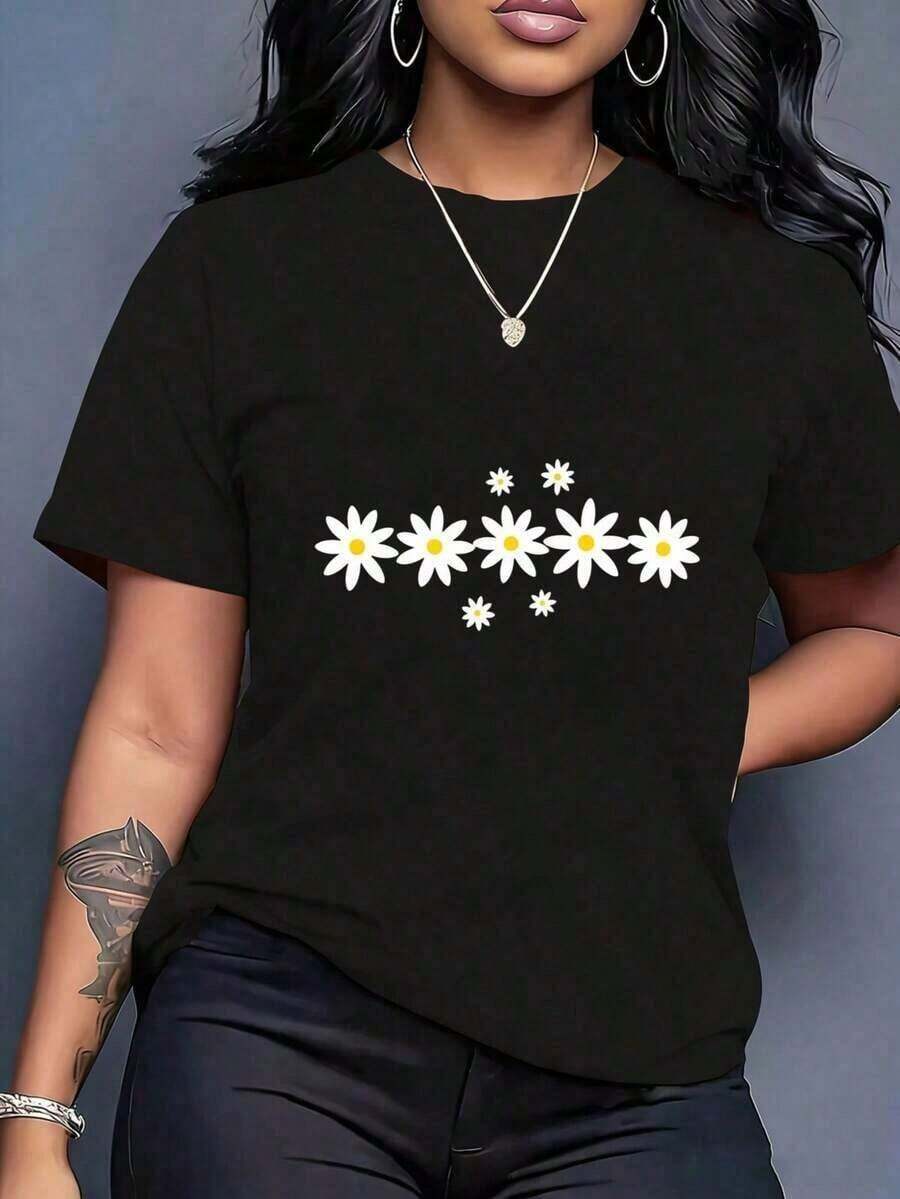 Camiseta de mujer moderna, informal, para fiestas y para estar en casa, 100% algodón, corte holgado. . De corte holgado. Camiseta de Moda para Mujer con Cuello Redondo y Estampado Floral de Crisantemo, Estilo Vintage Navideño, Unisex, Holgada, de Algodón, Manga Corta, Cuello Redondo, Blusas Informales - Negro - Ver 1
