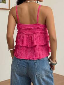 Blusa estilo babydoll feminina de verão, casual, em tecido texturizado liso, com busto franzido. - Rosa Quente - Ver 2
