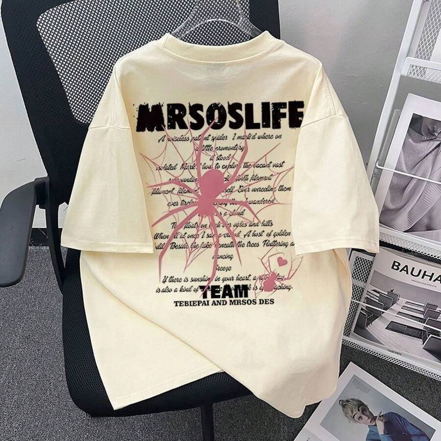 Camiseta de manga corta 100% anti-pilling, estilo urbano americano, nuevo modelo de verano 2026, estampado de araña, marca de moda, conjunto de pareja de manga corta. - Albaricoque [Calidad Premium] - Ver 1