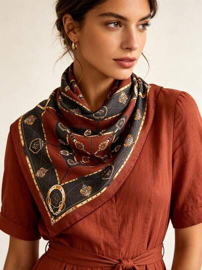 1pc 68*68cm Thin Cotton-Linen Feel Square Scarf, All-Season Equestrian Horsebit Print Bandana, Multi-Use Neck Shawl Waist Scarf For Daily Outing Party Travel