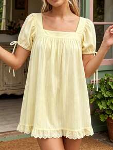Women's Summer Dresses Square Neck Short Sleeve A-Line Mini Ruffled Dresses For Daily Shopping Office Travel - Vàng nhạt - Xem 3