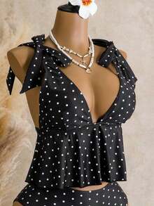 Mod Conjunto de traje de baño de 2 piezas para mujer con top corta de tirantes finos con estampado de cuadros y nudo delantero, y Bottom tipo bikini con cordón en la cintura, para verano - Negro 2 - Ver 7