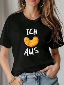 Women's Retro Style Summer T-Shirts - Casual Crew Neck T-Shirt With Fun German Text "ICH AUS" And Cartoon Print - With White Letters, Medium Elasticity, Machine Washable, Spring/Summer Casual Wear - 黑色 - 查看 6