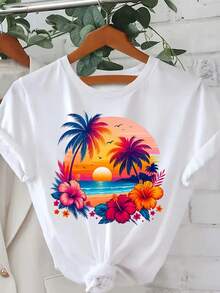 Camiseta Hawaiana Tropical para ujer | Corte Entallado, anga Corta, Cuello Redondo, Diseño Vibrante de Hibisco, Palma, urf y Atardecer - Ropa Casual de Vacaciones Transpirable para la Playa en Verano - Top Blanco avable a áquinaverano mujer/Mujeres antes del Año Nuevo/ropa de playa/ontre mujer premium/Camiseta tropical de Carol pequeña - Blanco - Ver 7