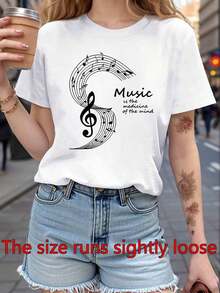 Camiseta de manga corta para mujer con estampado de notas musicales y el eslogan "La música es la medicina de la mente" - Camiseta transpirable de manga corta con cuello redondo, elasticidad media, adecuada para primavera, verano, conciertos, uso casual, blusa blanca lavable a máquina. - Blanco - Ver 1