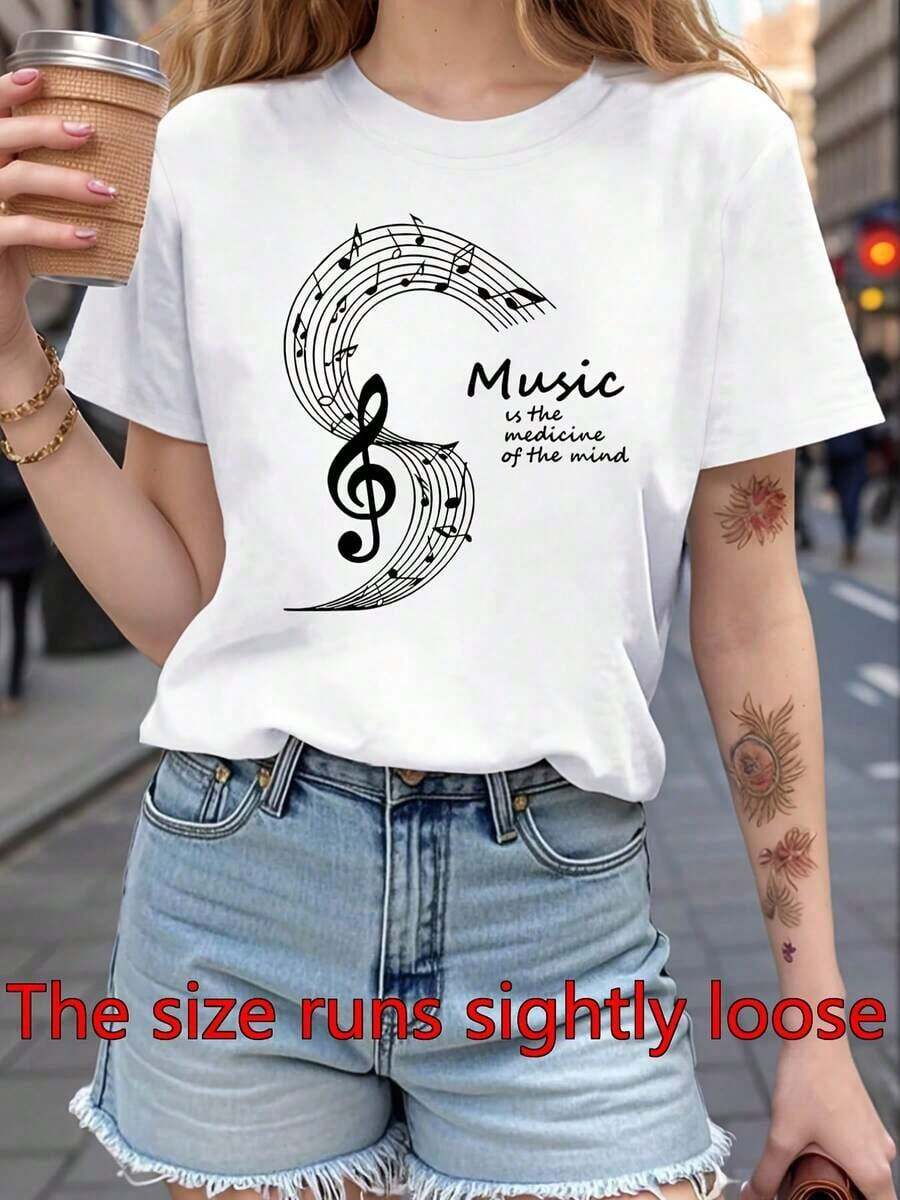 Camiseta de manga corta para mujer con estampado de notas musicales y el eslogan "La música es la medicina de la mente" - Camiseta transpirable de manga corta con cuello redondo, elasticidad media, adecuada para primavera, verano, conciertos, uso casual, blusa blanca lavable a máquina. - Blanco - Ver 1