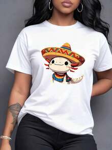 A Smiling Axolotl Wearing A Festive Mexican Hat And A Vibrant Striped Poncho Represents The Joy And Culture Of Mexico. An Adorable Aquatic Creature. Women's T-Shirt, 100% Soft, Breathable Cotton, Perfect For Summer. - 白色 - 查看 7