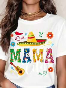 ropa de mujer Camiseta de mujer con diseño estampado de fiesta mexicana, informal, de cuello redondo y manga corta, perfecta como regalo de cumpleaños, adecuada para usar en todas las estaciones, para el uso diario al aire libre, camisas de mujer - Blanco - Ver 1