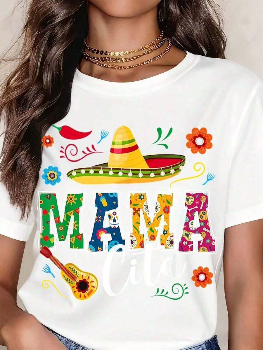 ropa de mujer Camiseta de mujer con diseño estampado de fiesta mexicana, informal, de cuello redondo y manga corta, perfecta como regalo de cumpleaños, adecuada para usar en todas las estaciones, para el uso diario al aire libre, camisas de mujer - Blanco - Ver 1