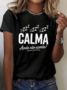 Blouses>Cute 'Calm' Fun Portuguese Quote T-Shirt For Women - Casual Summer And Spring T-Shirt With Round Neck And Short Sleeves, Black With White Text And Geometric Design, Lightweight And Breathable Fabric, Perfect For Casual Wear, Casual Summer T-Shirt, Playful Print T-Shirt, Lightweight 100% Cotton Blouses For Women - 黑色 - 查看 1