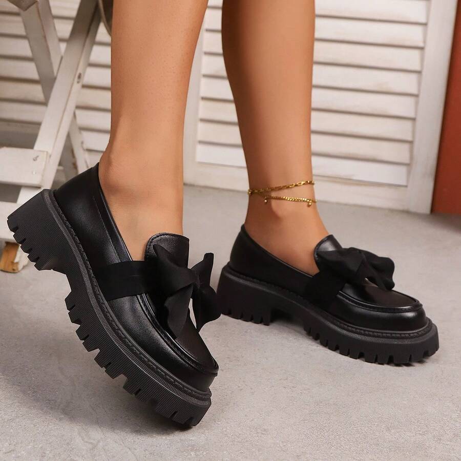 Comfortable And Versatile Platform Loafers For Women, Black With Bow Embellishment, Soft Sole, Comfortable And Height-Increasing, Suitable For Everyday Casual Wear, Parties, And Dates. - màu đen - Xem 1