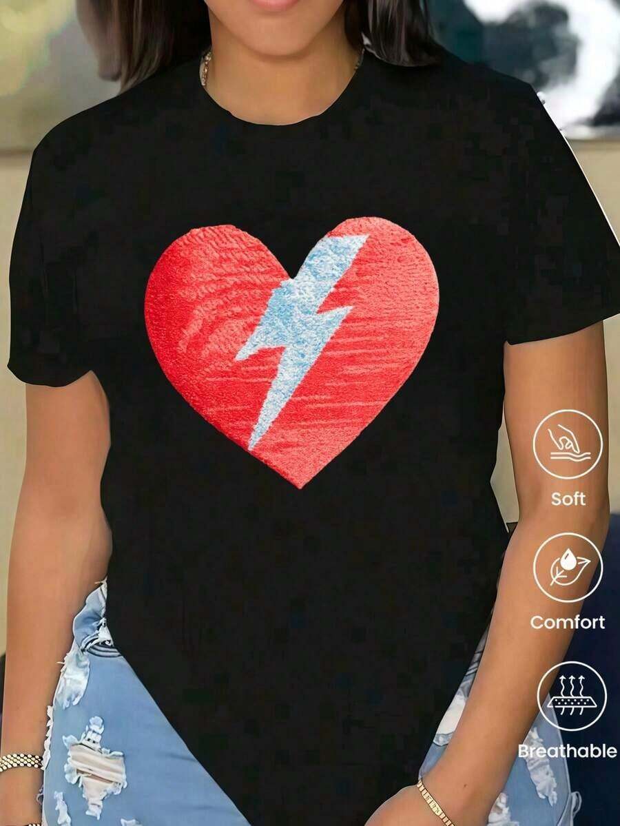 A Fashionable, Short-Sleeved, Round-Neck T-Shirt, Made In Mexico, For The Spring/Summer Season. Featuring A Cartoon Print, This Matching Set Is Suitable For Both Layering And Layering, Ideal For The Office And Casual Wear. Designed For Men And Women, It Can Also Be Worn Individually. A Great Gift Idea. Women's T-Shirt. Blouses > Elegant. Boho Chic. This Soft And Breathable Women's T-Shirt Is Perfect For Vacations, Travel, And Festive Occasions, And Suitable For Year-Round Wear. - 黑色 - 查看 1