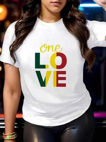 1 Women's White T-Shirt With "One Love Letter" Print, Round Neck, Casual Cotton T-Shirt, Medium Elasticity Knit Fabric, Regular Fit For Ladies, Ideal For Spring/Summer/Autumn. - 白色 - 查看 1