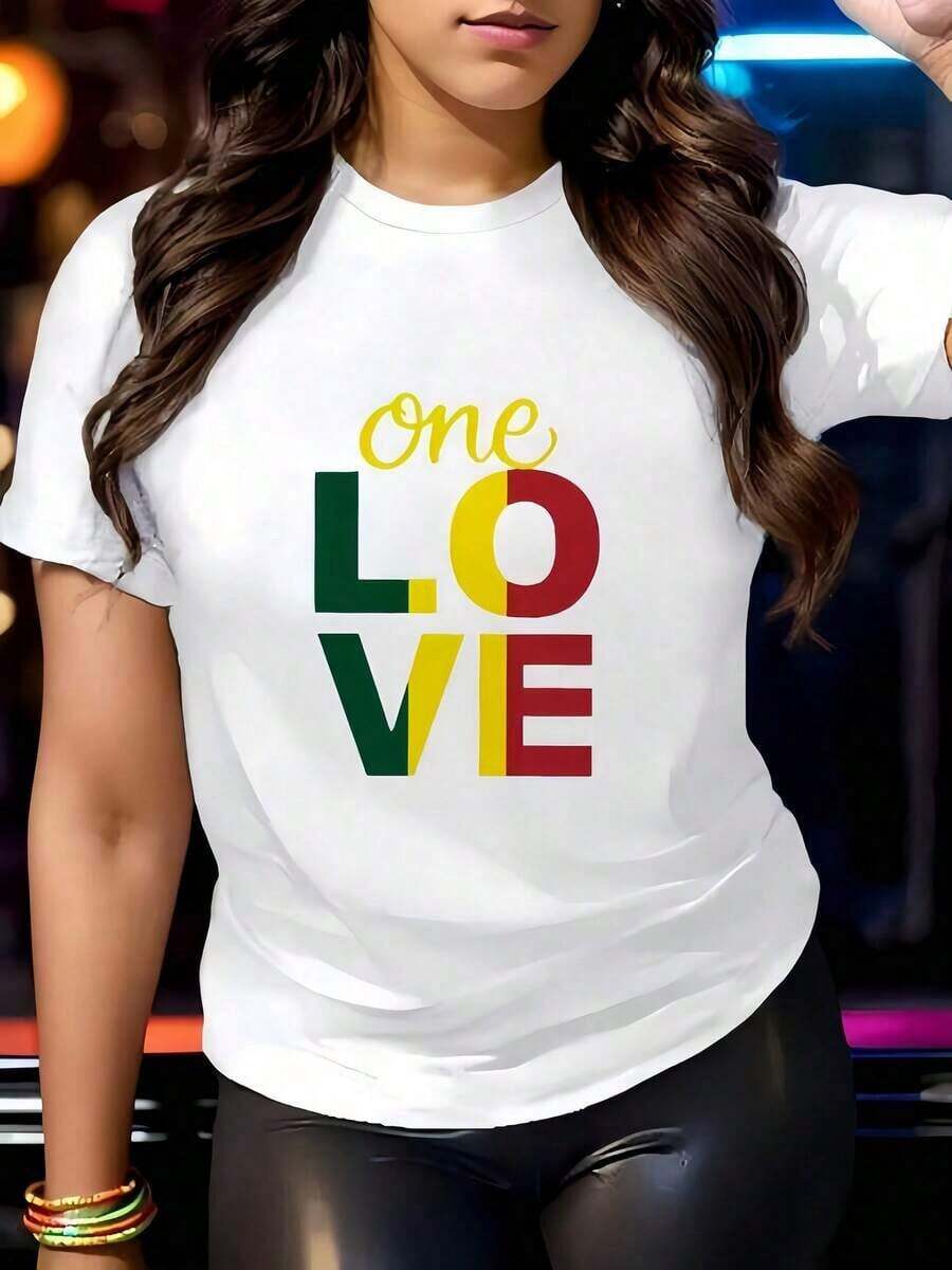 1 Women's White T-Shirt With "One Love Letter" Print, Round Neck, Casual Cotton T-Shirt, Medium Elasticity Knit Fabric, Regular Fit For Ladies, Ideal For Spring/Summer/Autumn. - 白色 - 查看 1