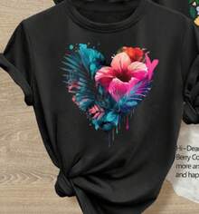 Women's Short Sleeve T-Shirts For Valentine's Day - Watercolor Tropical Floral And Heart Print Blouses, Soft Machine Washable Fabric, Sizes S-XXXL (Selling Fast) - Romantic Outfits For Dates, Vacations, And Casual Wear - Valentine's Day Gift For Her, Casual And Versatile T-Shirt. One Piece Only, Not A 3-Piece Set. - 紅色和黑色 - 查看 2