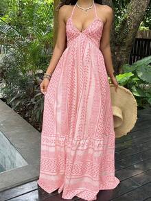 Vestido maxi con escote en V profundo, cuello halter, espalda descubierta y cintura con lazo, con lunares negros, estilo sexy y elegante europeo y americano, adecuado para primavera/verano y vacaciones en la playa - Rosa Pálido - Ver 5