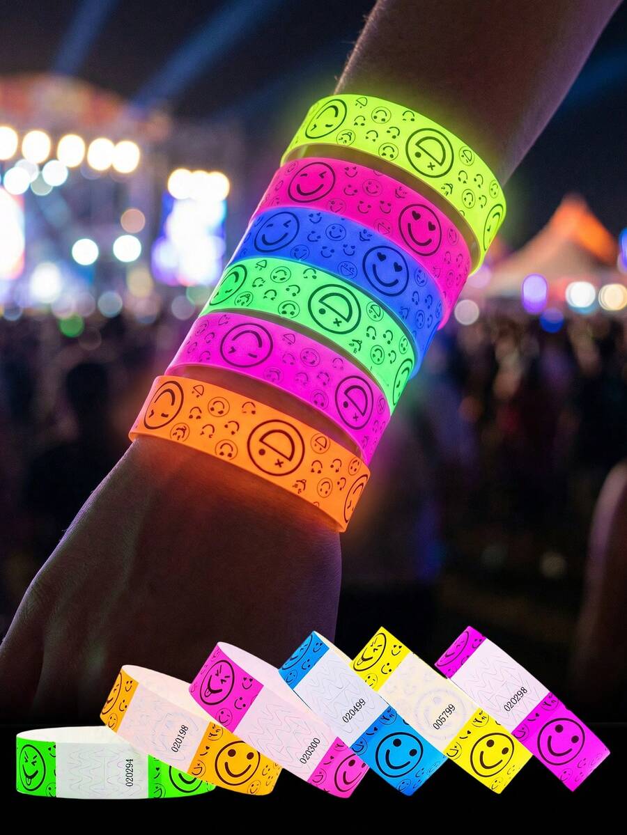 200pcs Fluorescent Smiling Face Paper Wristbands, Neon Party Theme Paper Wristbands, Multicolor Disposable Wristbands, Suitable For Concerts, Festivals, Events, Parties, Birthdays, Pool Parties, Weddings And Gatherings, Lightweight Wristbands - Fluorescent Face Version - View 1