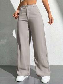 Pantalones anchos casuales y sueltos con bolsillos para mujer - Gris Claro - Ver 5