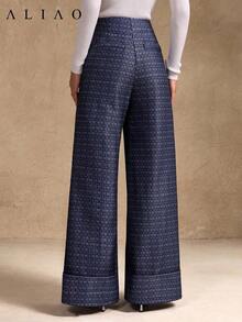Pantalones anchos de pierna ancha de estilo palaciego bohemio vintage, de alta gama, de jacquard azul marino lavado, para mujer, adecuados para volver a la escuela, Año Nuevo, fiestas, uso diario y vacaciones - Azul marino - Ver 6