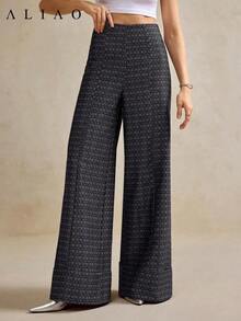 Pantalones anchos de pierna ancha de estilo palaciego bohemio vintage, de alta gama, de jacquard azul marino lavado, para mujer, adecuados para volver a la escuela, Año Nuevo, fiestas, uso diario y vacaciones - Negro - Ver 3