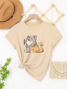 Camiseta suelta de mujer con estampado de dos gatitos de dibujos animados - Multicolor - Ver 7