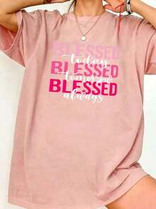 Women's Short-Sleeved T-Shirt With A Round Neck, Loose Fit, And Cute Casual Design. A Casual Summer And Vacation Outfit With A "Blessing" Print. Suitable For Holidays Such As Valentine's Day, Back To School, And Teacher's Day. This Short-Sleeved T-Shirt With A Letter Print Is Soft, Loose, And Comfortable, Offering A Versatile And High-End Casual Style. - 羅莎 - 查看 8