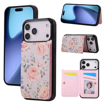 OUKNOEO Funda de billetera de piel sintética con doble hebilla y estampado floral en caliente compatible con iPhone 17 Air 16 15 14 13 Pro Max Plus S26 S25 Edge S24 S25 FE