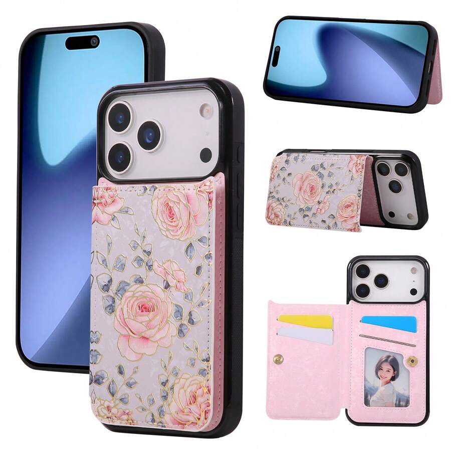 OUKNOEO 时尚双扣烫印花卉仿皮钱包式手机壳，兼容 17 Air 16 15 14 13 Pro Max Plus S26 S25 Edge S24 S25 FE