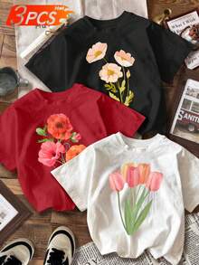 Camiseta de mujer de una pieza con estampado de tulipanes - Top suave y casual de cuello redondo con diseño de tulipanes, adecuada para uso diario, lavable a máquina, apta para todas las estaciones, ropa minimalista (versión estampada). - Blanco - Ver 8