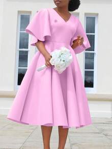 Women's Elegant European And American Style Evening Dress 2026, New Design, V-Neck, Puff Sleeve And Full Hem Skirt - 粉色 - 查看 1