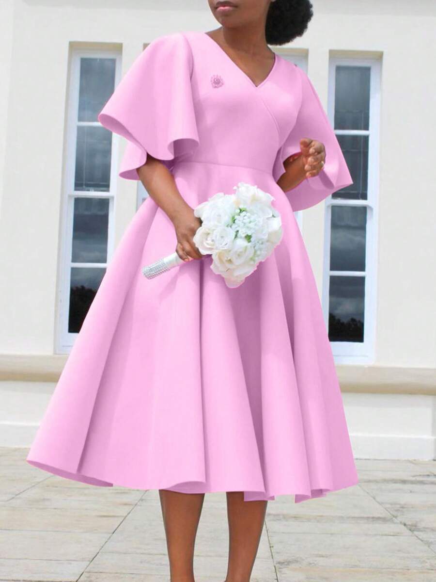 Women's Elegant European And American Style Evening Dress 2026, New Design, V-Neck, Puff Sleeve And Full Hem Skirt - 粉色 - 查看 1