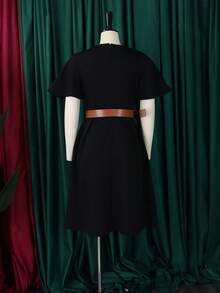 Women's A-Line Casual Dress, New Summer Collection European-American Style, V-Neck And Puff Sleeves - Sabuk hitam + - View 2