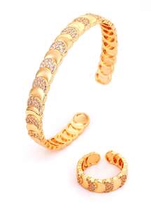 LIGHTSOME 2pcs/Set Women's Luxury Fashion Moon Open Bangle, 18K Gold Plated Copper With Zirconia, Middle Eastern Style Moon Tennis Bracelet Ring, Suitable For Daily Wear - Moon Bracelet Ring - View 12