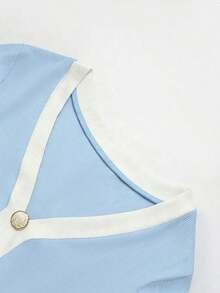 Vestido de manga corta con botones delanteros y ribete de punto, estilo elegante francés para mujer - Azul - Ver 3