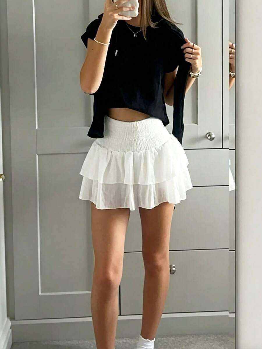 Chân váy midi nữ màu trắng xếp ly, bèo nhún, kiểu dáng thường ngày. - trắng - Xem 1