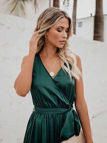 Vestido largo de talla grande sin mangas con escote en V y abertura alta de color sólido - Verde - Ver 5