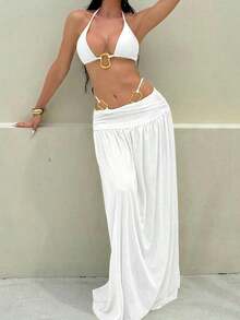 Vaytide Set de 3 piezas: Bikini de tela brillante de unicolor con diseño de aro de metal asimétrico + Vestido de malla larga tipo capa para la playa, traje de baño de resort vacacional para mujer - Blanco - Ver 5
