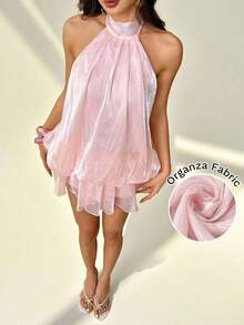 Vestido mini elegante de mujer con cuello halter y lazo en color beige - Rosa Pálido - Ver 5