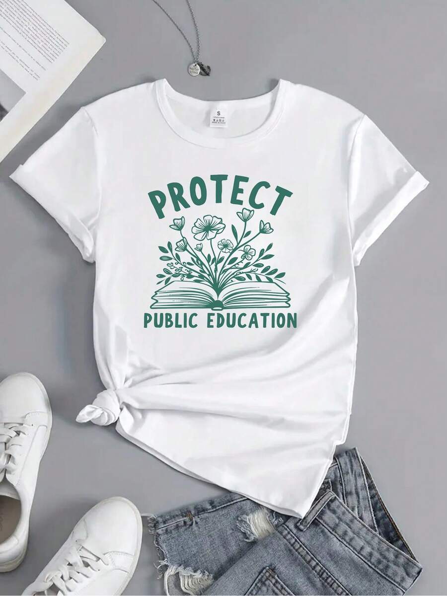 A Cute "Protect Public Education" Women's Casual Crewneck T-Shirt With A Print Featuring A Public Image, Representing The Teachers' Protest, Education Activist Movement, And Liberal Political Stance. This Summer-Popular, Breathable - 白色1 - 查看 1