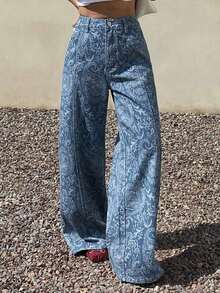 Jeans de mezclilla con flores de anacardo casual para mujer, conjunto de ropa de otoño de estilo bohemio para vacaciones - Azul lavado oscuro - Ver 3