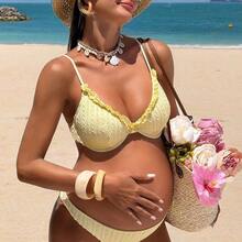 Conjunto de traje de baño de maternidad con textura de tela floral amarilla para vacaciones de verano en la playa - Amarillo - Ver 2