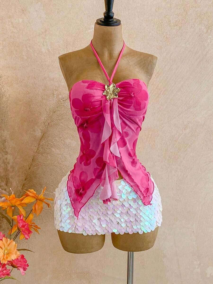 Camiseta asimétrica con decoración de conchas marinas, adecuada para vacaciones en la playa, verano - Multicolor - Ver 1