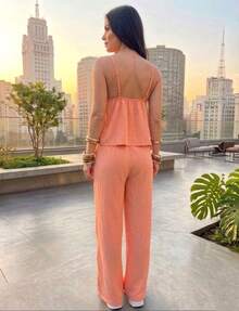 Set Includes A Tie-Front Top With Adjustable Straps And High-Waisted Wide-Leg Pants. Elegant And Comfortable Emily Brand. Casual Sets For Vacations And Offices. Suitable For All Seasons. - Salmao - View 2