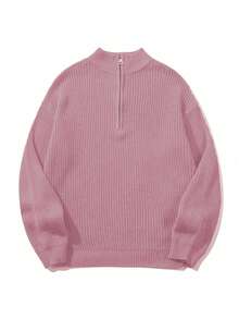Women's Simple Ribbed Solid Color Casual Korean Textured Commute Loose Versatile Stand Collar Zipper Half-Placket Pullover Long Sleeve Sweater, Spring/Autumn/Winter - Light Pink - View 6