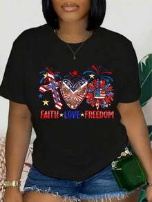 1 camiseta con estampado vibrante de la bandera estadounidense, camiseta casual de cuello redondo para mujer, camiseta con estampado de la bandera de EE. UU., lavable a máquina, perfecta para un estilo casual de verano en todas las estaciones - Camiseta casual de manga corta para mujer, 180 g, 100% algodón, los diseños están completamente impresos. Unisexo. - Negro - Ver 1