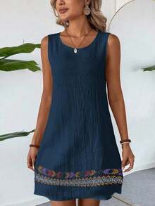 Vestido casual de verano para vacaciones en la playa, de algodón y lino con textura, color albaricoque, sin mangas y corte recto para mujeres - Azul marino - Ver 3